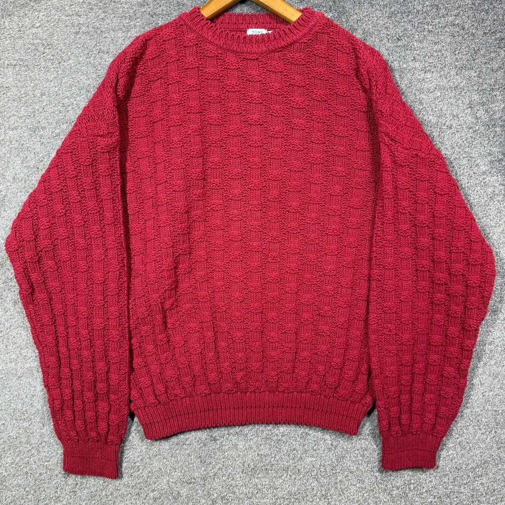 Vintage Tony Lambert Sweater Mens L Red Cotton Basketweave Knit Design Group